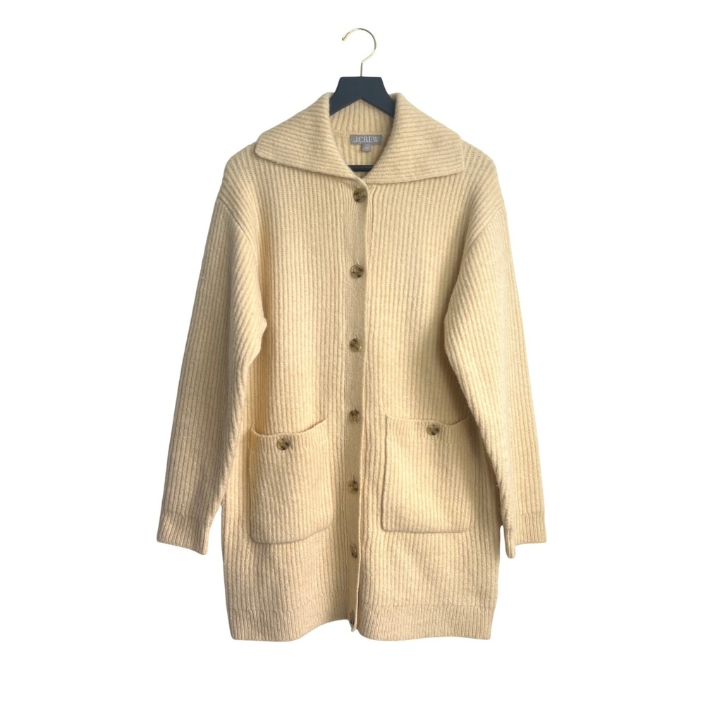 J. Crew Long Line Ribbed Wool Alpaca Blend Button Down Cardigan Sweater‎ Cream